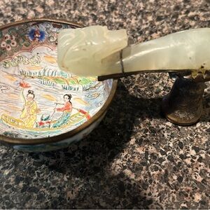 Antique Chinese Peking enameled brass wine cup w carved dragon jade belt hook